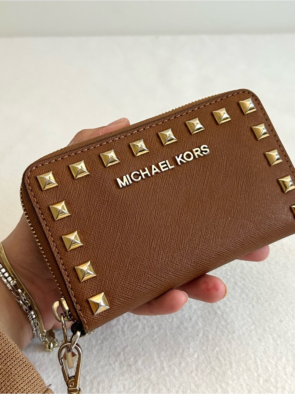 Michael Kors Tan Brown Saffiano Leather Studded Zip Wallet